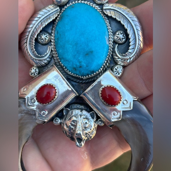 STERLING SILVER NATIVE AMERICAN TURQUOISE CORAL HUGE DOUBLE BEAR CLAW PENDANT - Picture 6 of 10